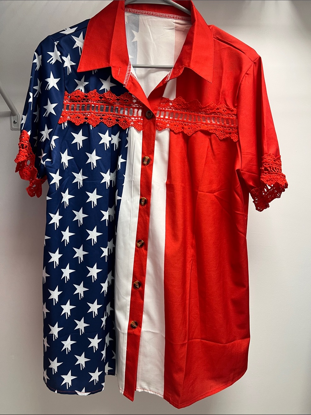 Source Unknown Red, White & Navy Star-Panel Button Down Blouse